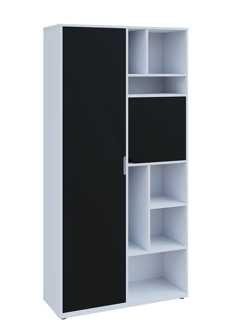 KSR6-83 L skříň šatní, 1x výsuvné ramínko, dvířka, niky, 2053x1022x400 mm, provedení levé, bílá sněžná/černá